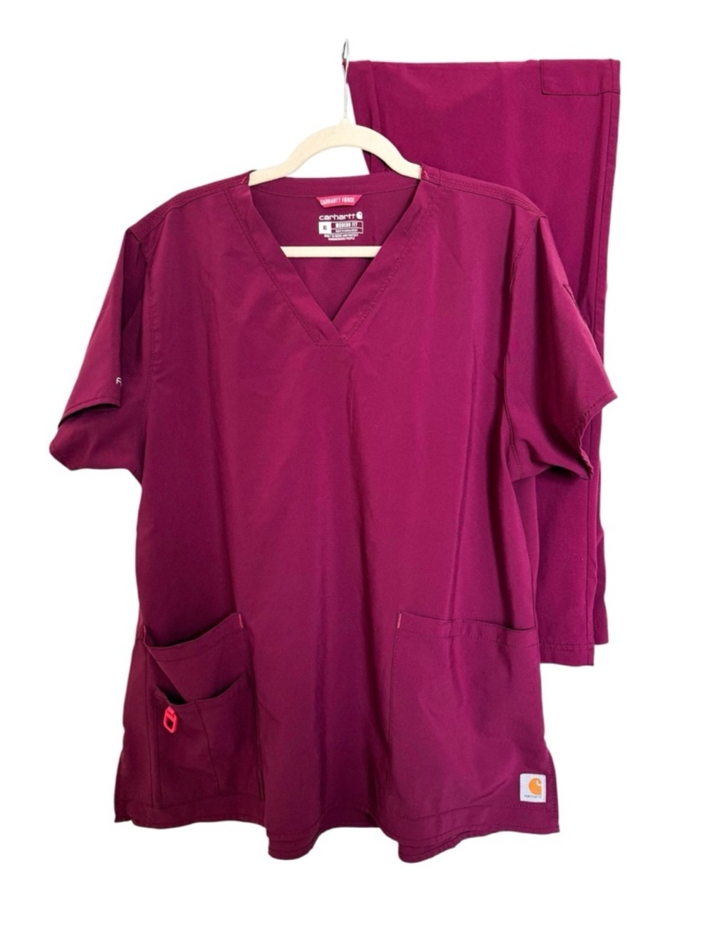 Carhartt Women’s Force Cross Flex V-Neck Scrub Set Maroon with Pink Stitching